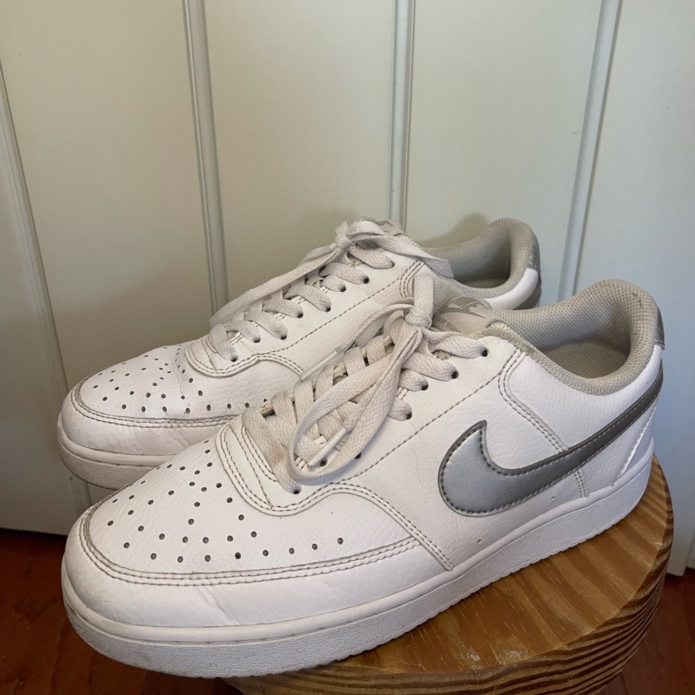 Nike White Sneakers with Silver Swoosh